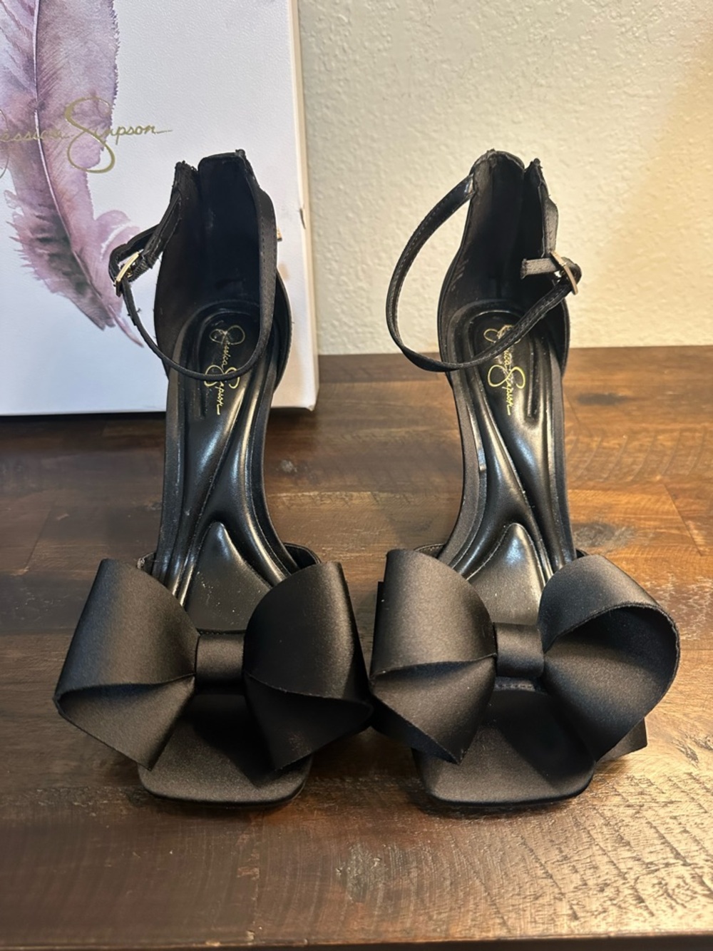Jessica Simpson Black Satin Bow Peep-Toe Ankle Strap Heels